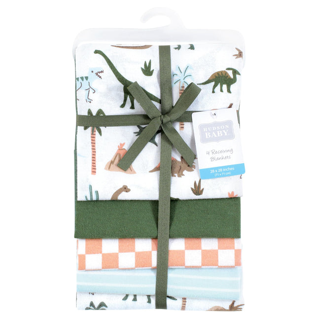Mantas de recepción de franela ricas en algodón, 4 unidades, Hudson Baby Unisex, Retro Dinosaurio, Talla única