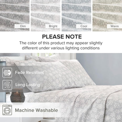 Comfort Spaces Cotton Flannel Breathable Warm Deep Pocket Sheets with Pillow Case Bedding, Cal King, Grey Snowflakes 4 Piece