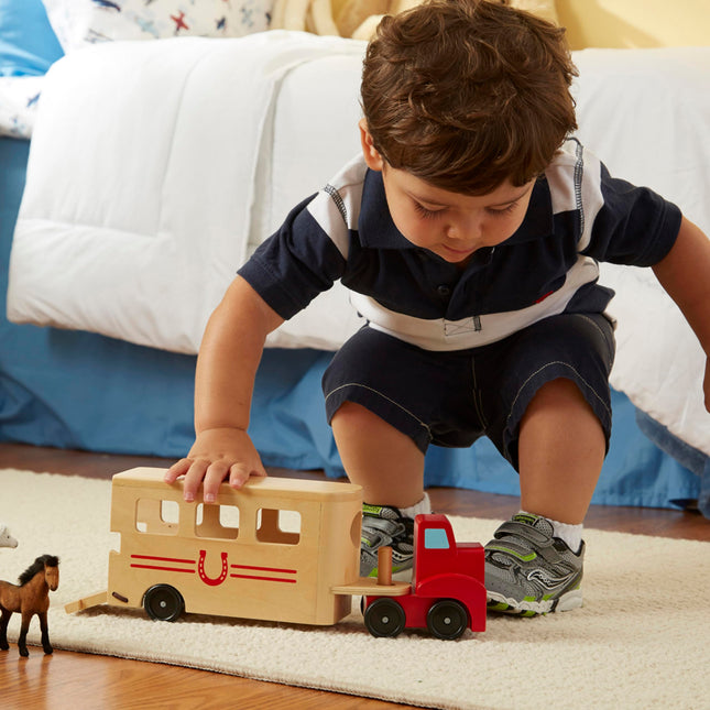 Melissa & Doug Horse Carrier Wooden Vehicle Play Set (Tractor-Trailer Truck Toy with 2 Horses, Pull-Down Ramp)