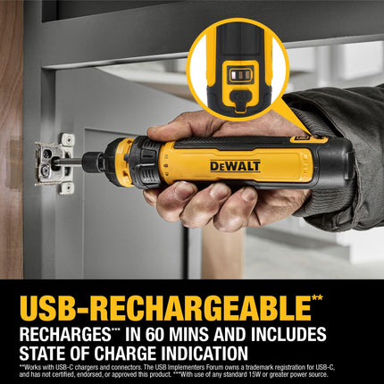 Destornillador inalámbrico DEWALT USB recargable con control FLEXDRIVE y juego de puntas de destornillador, destornillador eléctrico inalámbrico con luz LED (DWHT66719)