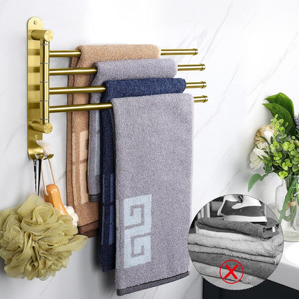 NearMoon Swivel Towel Rack, 13.8" Thicken 304 Stainless Steel 4-Arm Towel Bar, Space Saving Wall Mounted Towel Holder with Hook, Rustproof Swing Out Towel Hanger for Bathroom, Kitchen (Brushed Gold)