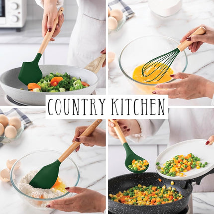 Country Kitchen Non Stick Silicone Utensil Set with Rounded Wood Handles for Cooking and Baking, 14 Piece Set, Green
