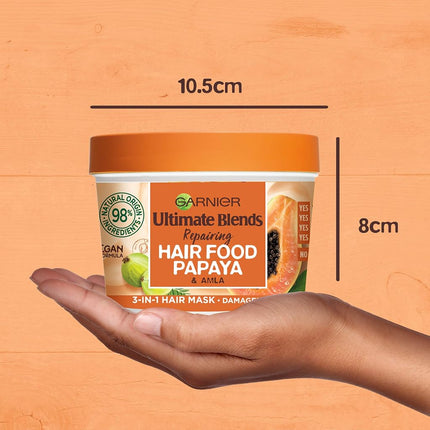 Garnier Hair Mask for Damaged Hair | Papaya Hair Food by Garnier Ultimate Blends, 3-in-1: Conditioner, Hair Mask, Leave-in Hair Conditioner | 98 Percent Natural Origin | 390 ml