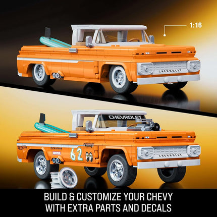 Mattel Brick Shop Hot Wheels Elite Series Building Set, Custom ’62 Chevy Pickup with 858 Pieces, Realistic Details and Custom Decals, Adult Collectors and Kids Ages 10+