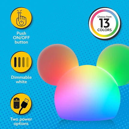 Disney Mickey Mouse Squishy Light, Color Changing, Night Light for Kids, USB Lamp, Battery Operated, Dimmable, Ideal for Bedroom, Playroom, Living Room, and More, 66944