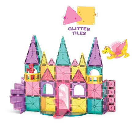 Magna-Tiles Château DLX + microMAGS Ensemble de construction magnétique 48 pièces – Jouet de construction de château de luxe avec pont-levis, dragon et escaliers en colimaçon – Jeu STEM créatif pour enfants à partir de 3 ans