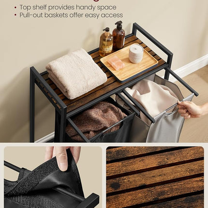 VASAGLE Laundry Hamper, Laundry Basket, Laundry Sorter with 2 Pull-Out and Removable Bags, Shelf, Metal Frame, 2 x 12.1 Gallons (46 L), 28.8 x 13 x 28.4 Inches, Bicolor and Rustic Brown UBLH201X01