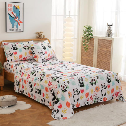 JSD Panda Floral Kids Sheet Set Full 4 Piece, Printed Microfiber Bed Sheets for Boys Girls Deep Pocket