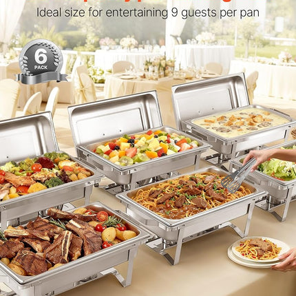 VEVOR Rectangle Chafing Dish, 9 Qt 6 Pack Stainless Steel Chafing Dish, Food Warmer Chafer Complete Set with Hollow Handle, 3 Food Tongs, Lid, Fuel Holder, Chafer Dishes for Banquet Party Wedding