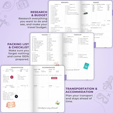 Clever Fox Travel Journal – Vacation Planner with Budget Plan, Packing List, Expense Tracker & Trip Travelling Itinerary Organizer for Women, Men Couples, Hardcover - Lavender, A5 (5.8'' x 8.3'')