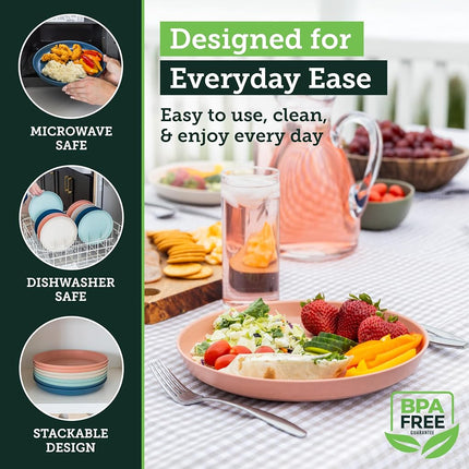 Grow Forward Premium Wheat Straw Plates - 10 Inch Reusable Hard Plastic Dinner Plates Set of 8 - Unbreakable Microwave Safe Plates for Dessert, Camping, RV, Outdoors, Patio, Kitchen Dishes - Tropical
