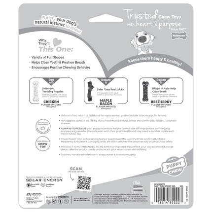 Nylabone Puppy Stages Dog Chew Toy Pack - Puppy Chew Toys for Teething and Chewing - Puppy Supplies - Chicken, Maple Bacon, and Beef Jerky Flavors, Medium/Wolf (3 Count)