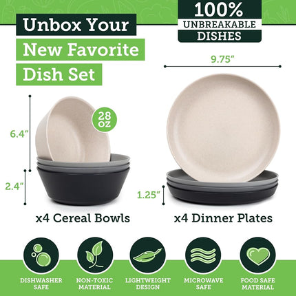 Grow Forward Premium Wheat Straw Plates and Bowls Sets - 8-Piece Wheat Straw Dinnerware Sets - Unbreakable & Reusable Microwave Safe Plastic Dinner Plates for Outdoors, RV, Camping Dishes - Moonlight