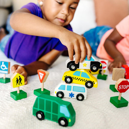 Melissa & Doug 3177 599038323477 Vehículos de madera y tráfico 6 coches y 9 señales, multicolor, 1 unidad