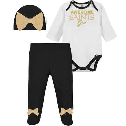 NFL New Orlean Saints 3 Pack Bodysuit Footed Pant and Cap Registry Gift Set, black/white New Orlean Saints, 6-9M