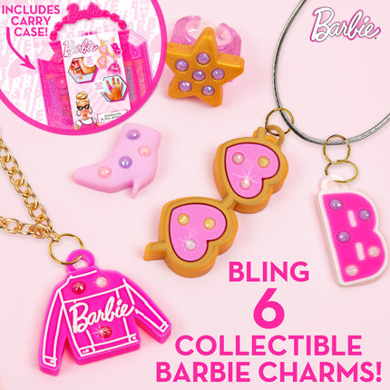Barbie Kit para Hacer Joyas Brillantes, Estuche de Almacenamiento, Kit para Hacer Anillos, Kit para Hacer Pulseras con Amuletos para Niñas, Juguete de Manualidades para Niñas de 6+ Años