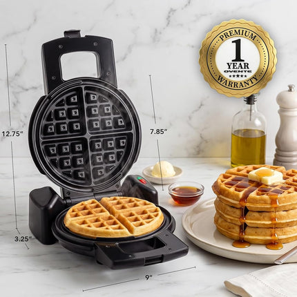 Ovente Electric Waffle Maker 1000W Power with Nonstick Plates and 180 Rotating Flip Function, Perfect for Cooking Belgian Waffles and Breakfast, Portable and Compact Design, Black WMF1440BR