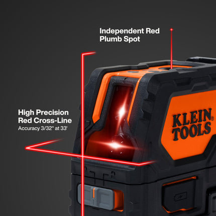 Niveau laser autonivelant Klein Tools 93LCLS avec lignes transversales rouges lumineuses et point d'aplomb, support magnétique et fixation pour plafond