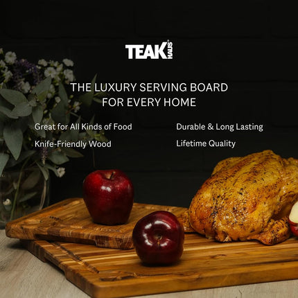 Teakhaus Marine Cutting Board with Juice Groove - Medium Rectangle Cutting Board with Corner Hole - Reversible Teak Edge Grain Wood - Knife Friendly - FSC Certified