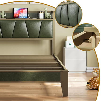 LIKIMIO Twin Bed Frame, Storage Headboard with Charging Station, Solid and Stable, Noise Free, No Box Spring Needed, Easy Assembly (Dark Green)