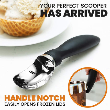Cuillère à glace robuste Spring Chef avec manche confortable, cuillère à glace professionnelle en métal, ustensile de cuisine lavable au lave-vaisselle, cuillère à glace pour le gelato, le sorbet, la pâte à biscuits - Noir