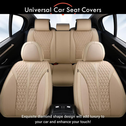 Coverado Car Seat Covers Full Set, Waterproof Nappa Leather Seat Covers for Cars, Front and Back Car Seat Protector, Luxury Car Seat Covers, 5 Seats Universal Beige Car Seat Cover Fit for Most Cars