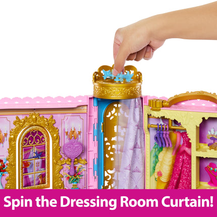 Mattel Disney Princess Closet Playset with 2 Fashions, 25 Accessories, Vanity, Dressing Room, Runway & Storage, Opens to 2 Feet, Movie-Inspired, HXC20, Gift Set Ready for the Ball