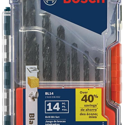 BOSCH BL14 14-Piece Assorted Set Three-Flat Shank Black Oxide Drill Bits for Applications in Light-Gauge Metal, Wood, Plastic