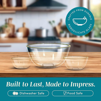 Cook with Color 12 Pc Glass Mixing Bowl Set with Lids – Borosilicate Glass Nesting Bowls for Cooking, Baking and Meal Prep, Gold Rim