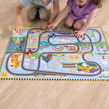 Melissa & Doug Race Around the World Tracks Cardboard Jigsaw Floor Puzzle and Wind-Up Vehicles | Educational Toys for Kids | Age 3+ - FSC Certified