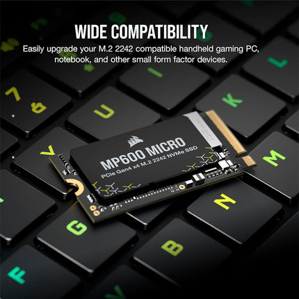 Corsair MP600 MICRO 2TB M.2 NVMe PCIe x4 Gen4 SSD – M.2 2242 – Up to 7,000MB/sec Sequential Read – High-Density 3D TLC NAND – Compatible with Lenovo Legion Go and Thin PCIe 4.0 Laptops – Black