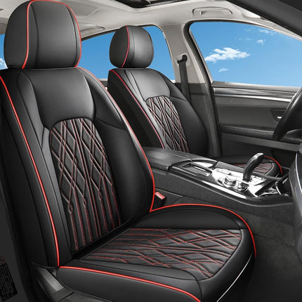 Huidasource Car Seat Covers Full Set, Leather Vehicle Cushion Covers, Universal Fit for Most Car Sedan SUV Pickup Truck, Fit Acura Honda City Nissan Altima Mazda Hyundai Audi (Full Set/Black&Red)