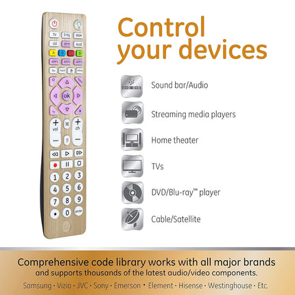GE 4-Device Universal Remote Control - Backlit Buttons, Samsung, LG, Vizio, Sony, Roku & Apple TV Replacement, Silver, 48844