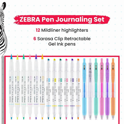 Zebra Pen Journaling & Lettering Stationery Set (18 Pack) Dual Tip MILDLINER Pastel Highlighters & Colouring Pens, MILDLINER Brush Pens, and SARASA Gel Pens - Assorted Highlighters Pens Multipack
