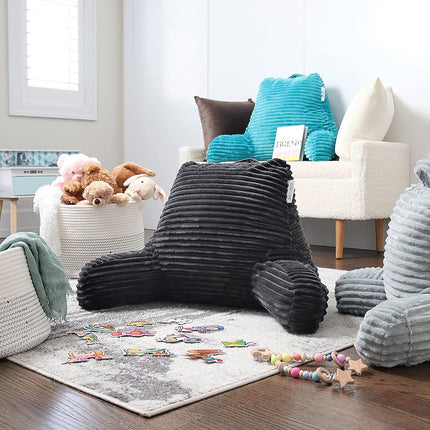 Clara Clark Cut Plush Striped Reading Pillow for Kids & Teens, Back Support Pillow, Shredded Memory Foam Bed Rest Pillow with Arms, Medium, Dark Grey