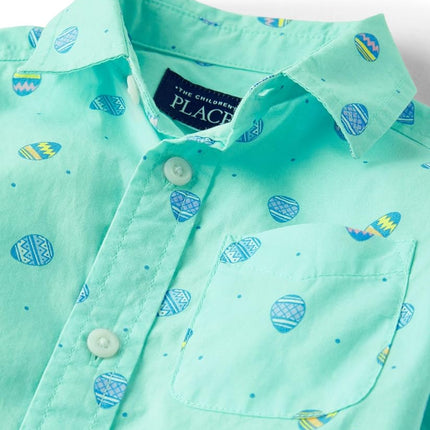 The Children's Place Boys' and Toddler Poplin Short Sleeve Button Down Shirt, Easter Egg Mint, 4T