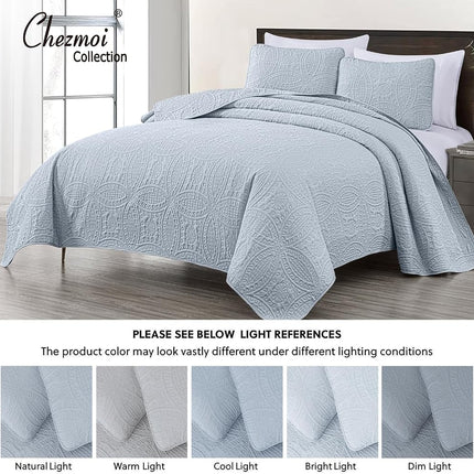 Chezmoi Collection Austin Queen Bedspread Set 3-Piece Pinsonic Quilted Oversized Bedspread Coverlet Set, Queen, Silver