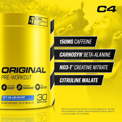 C4 Original Pre Workout Powder ICY Blue Razz - Vitamin C for Immune Support - Sugar Free Preworkout Energy for Men & Women - 150mg Caffeine plus Beta Alanine plus Creatine - 30 Servings