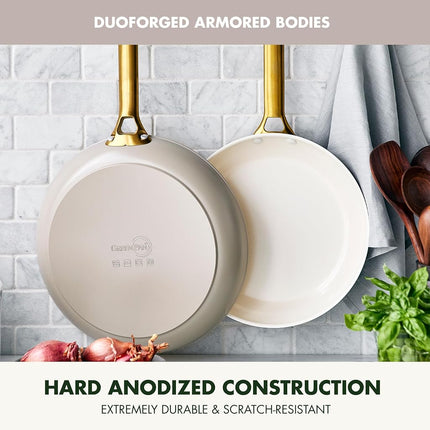GreenPan Hard Anodized Healthy Ceramic Nonstick 10" and 12" Frying Pan Skillet Set, Gold Handle, PFAS-Free, Dishwasher Safe, Oven Safe, Taupe