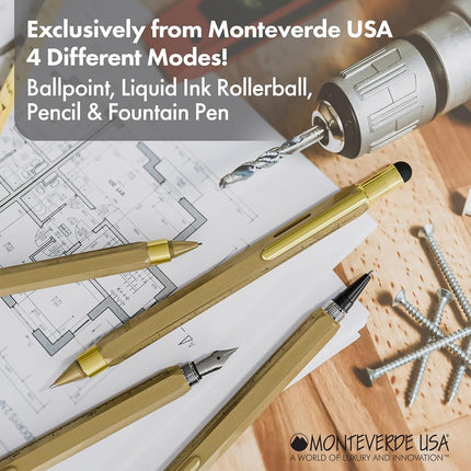 MONTEVERDE USA 9-in-1 Tool Mechanical Pencil in Brass – Hand-Machined Multifunctional Pencil with Stylus, Screwdrivers, Ruler, and Eraser – Exclusive Collection Ideal Engineers