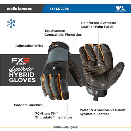 FX3 Men's Extreme Dexterity Extra Wear Winter Work Gloves, Extra Large (Wells Lamont 7796)