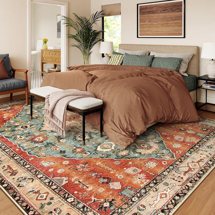 Lahome Boho Tribal Area Rug - 8x10 Large Living Room Area Rug for Bedroom Aesthetic, Washable Playroom Mat Vintage Soft Nursery Accent Carpet for Dining Family Room Foyer Apartment Den,Rust