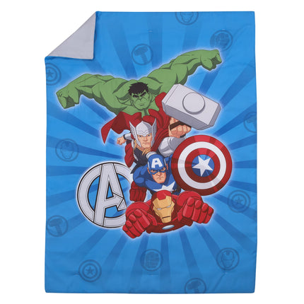 Juego de cama de 4 piezas para niños pequeños de Marvel Avengers Team Blue, Red, and Green Hulk, Captain America, Iron Man y Thor - Edredón, sábana bajera, sábana encimera y funda de almohada reversible