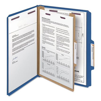 Smead Pressboard Classification File Folder with SafeSHIELD® Fasteners, 1 Divider, 2" Expansion, Letter Size, Dark Blue, 10 per Box (13732)