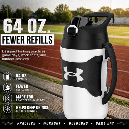 Under Armour 64oz Insulated Water Bottle with Handle, Foam Insulated & Leak Resistant, Sports Water Jug, Fence Hook, Dishwasher Safe, Black / Pitch Gray, for Baseball, Football & More
