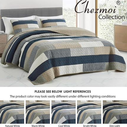 Chezmoi Collection Dylan 2-Piece Navy Blue White Gray Taupe Plaid Rectangular Patchwork Quilt Set - Pre-Washed Cotton Coverlet - Lightweight Bedspread for All Seasons, Twin Size