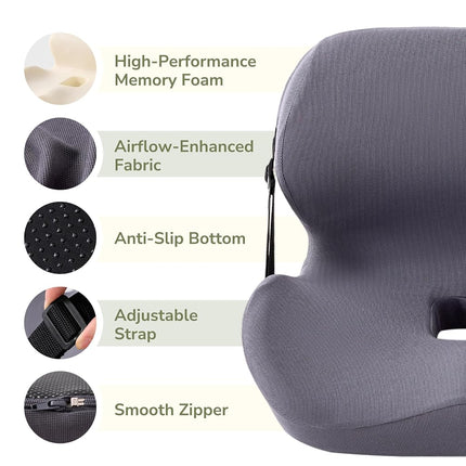 EGOHOME L-Shaped Seat Cushion for Office Chair & Car, Memory Foam Coccyx Cushion with Lumbar Support - Relieves Tailbone, Sciatica, Lower Back Pain, Adjustable Strap & Non-Slip Bottom, Grey