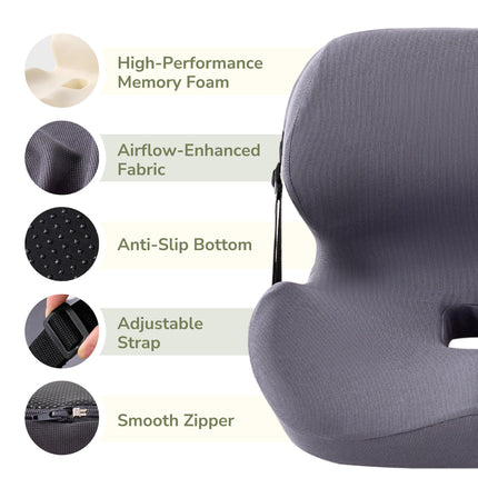 EGOHOME L-Shaped Seat Cushion for Office Chair & Car, Memory Foam Coccyx Cushion with Lumbar Support - Relieves Tailbone, Sciatica, Lower Back Pain, Adjustable Strap & Non-Slip Bottom, Grey
