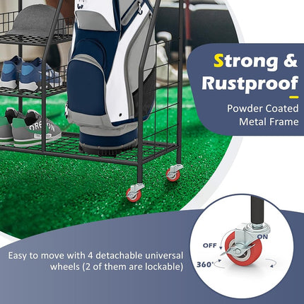Organizador de bolsas de golf GYMAX, estante de almacenamiento con ruedas bloqueables y soporte lateral para palos, soporte para equipos extragrande para accesorios de golf (2 compartimentos)