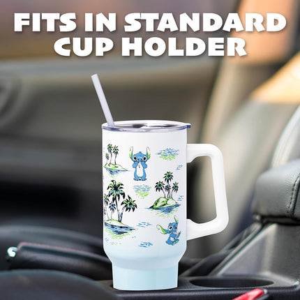 Silver Buffalo Lilo And Stitch Palm Sketch Pattern Stainless Steel Tumbler w Handle, 40 Ounces